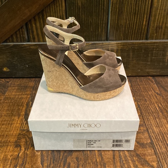 Jimmy Choo Perla Suede/Cork Wedge Sandal Pecan 37/7 NIB - Picture 6 of 11